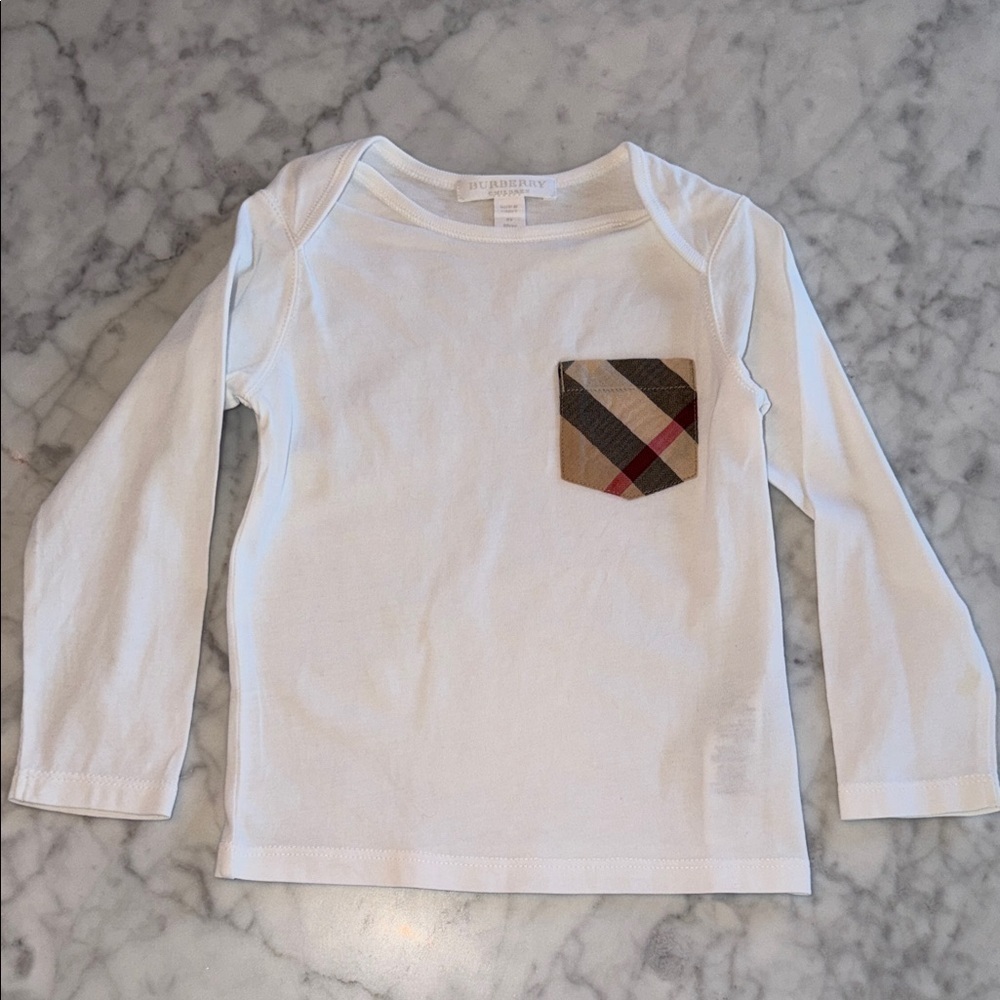 Burberry Kids Vintage White Long Sleeve Tee with Check Accent 2Y